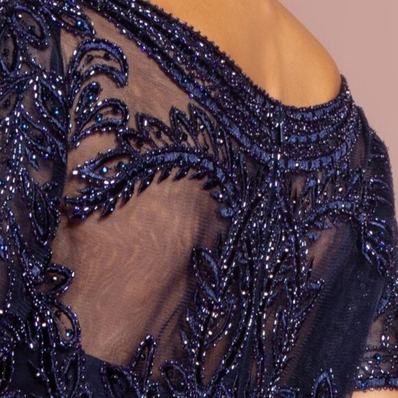 NEW LONG CHIFFON A-LINE DRESS WITH CAP SLEEVES EMBROIDERED WITH LACE GL2683 - Picture 10 of 12